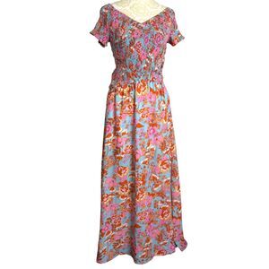 Maxi Sun Dress Boho Revival 70s Smocked Floral Blue Pink L bv
